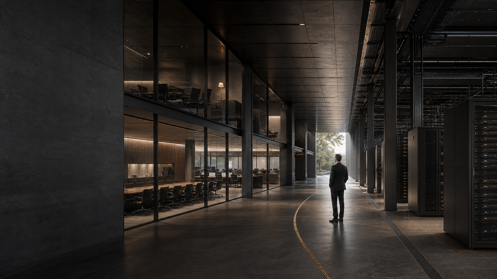 Illustration : un homme dans une galerie reliant les espaces de travail aux infrastructures informatiques.